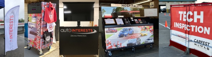 AutoInterests flag, merchandise cart, classroom cart, hospitality cart and Tech Inspection sign