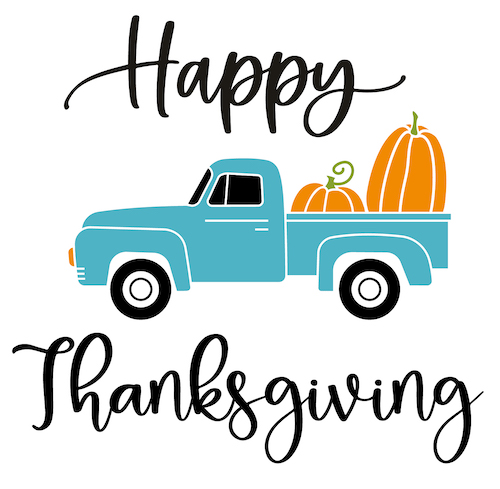 Happy Thanksgiving script font surrounding a blue pickup truck with orange pumpkins in the bed