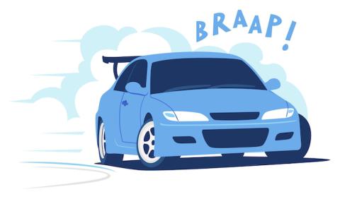 Blue car with smoke and BRAP